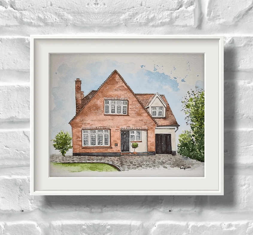 House sketch, pen and watercolour drawing by artist Kathryn Cooper