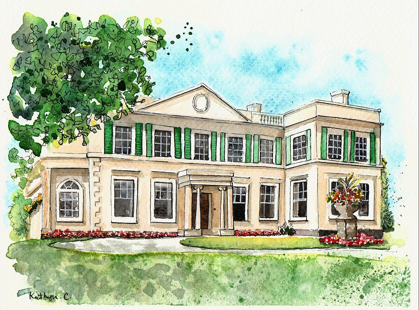 Ink and watercolour sketch of this beautiful historic building. The Lawn, Rochford in Essex.