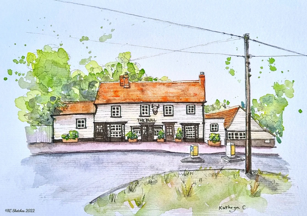 The Bull, Hockley, Essex, pub portrait in ink and watercolour by Kathryn Cooper