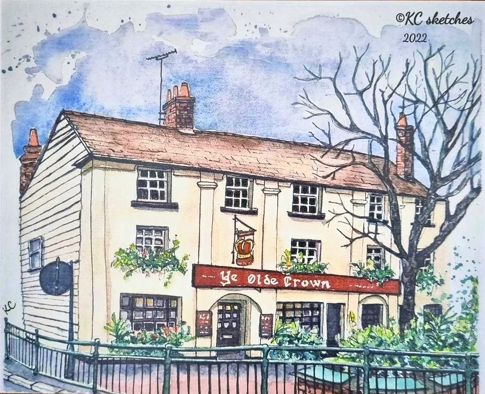 Ye Olde Crown, Rayleigh, Essex. Ink and watercolour art commission pub portrait by Kathryn Cooper