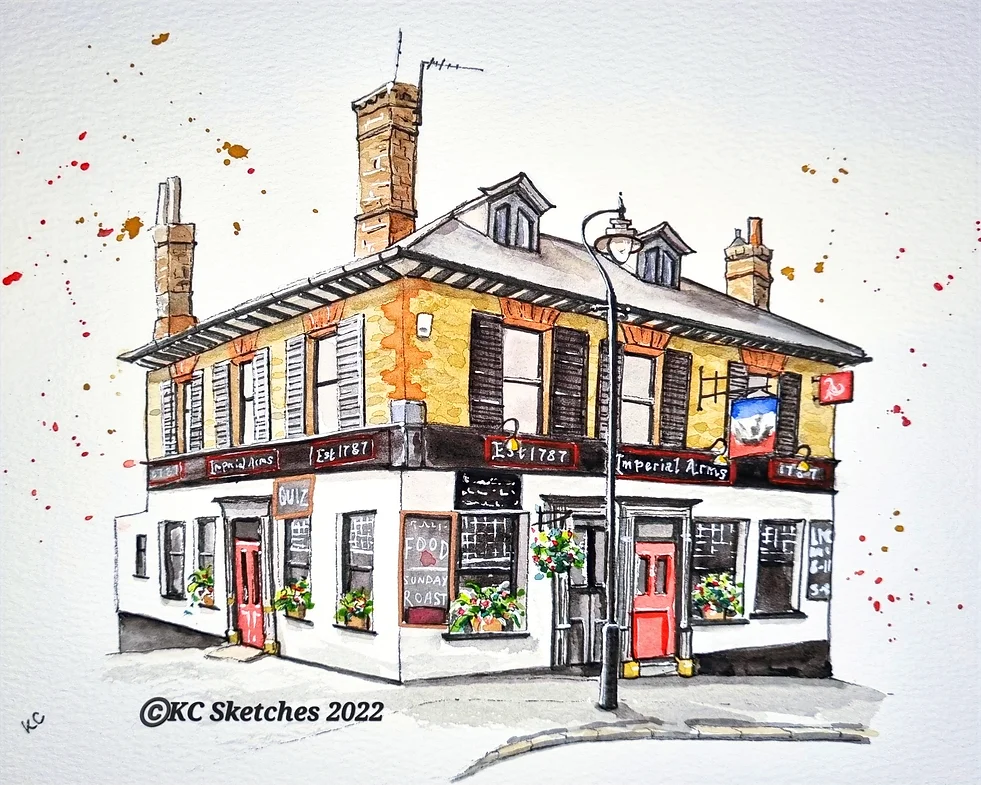 The Imperial Arms, Chislehurst, Kent, ink and watercolour painting. Pub portrait sketch