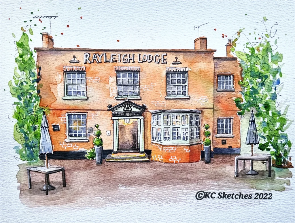 The Rayleigh Lodge, Rayleigh, Essex. ink and watercolour pub sketch by Kathryn Cooper